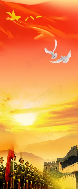 三军仪仗队飘扬的国旗飞舞的白鸽雄伟...