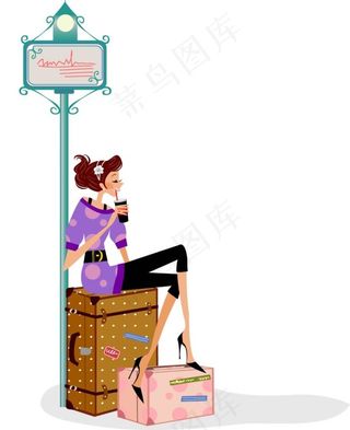 坐在旅行箱上的美女