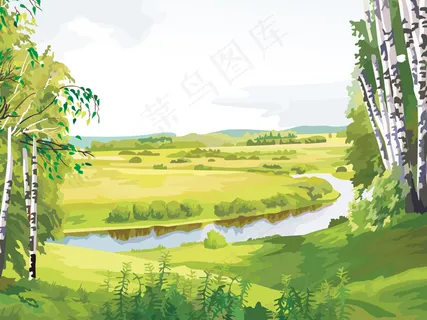 手绘草地 小溪 树木 春天手绘图 手绘草地 小溪 树木 春天手绘图