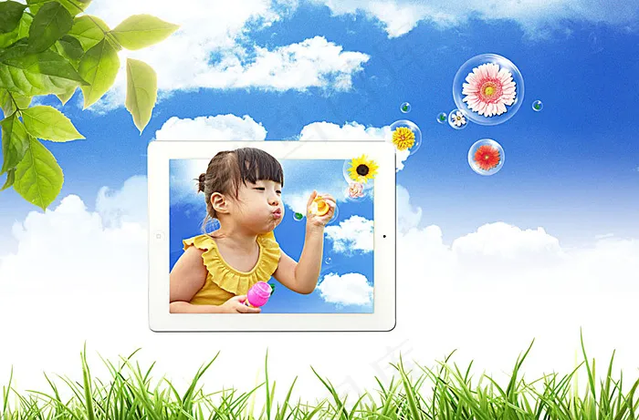 树叶与吹泡泡的小女孩(4100X2700(DPI:300))psd模版下载