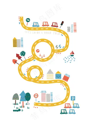 卡通图案交通元素建筑物汽车街道