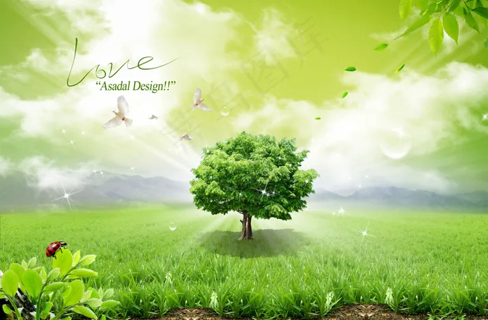 草地上的白鸽与大树PSD分层素材