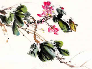 秋蝉红花绿叶水墨画