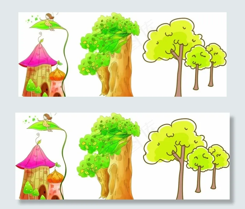 树木 插画 房子cdr矢量模版下载