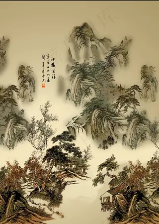 中国古典彩色水墨山水画