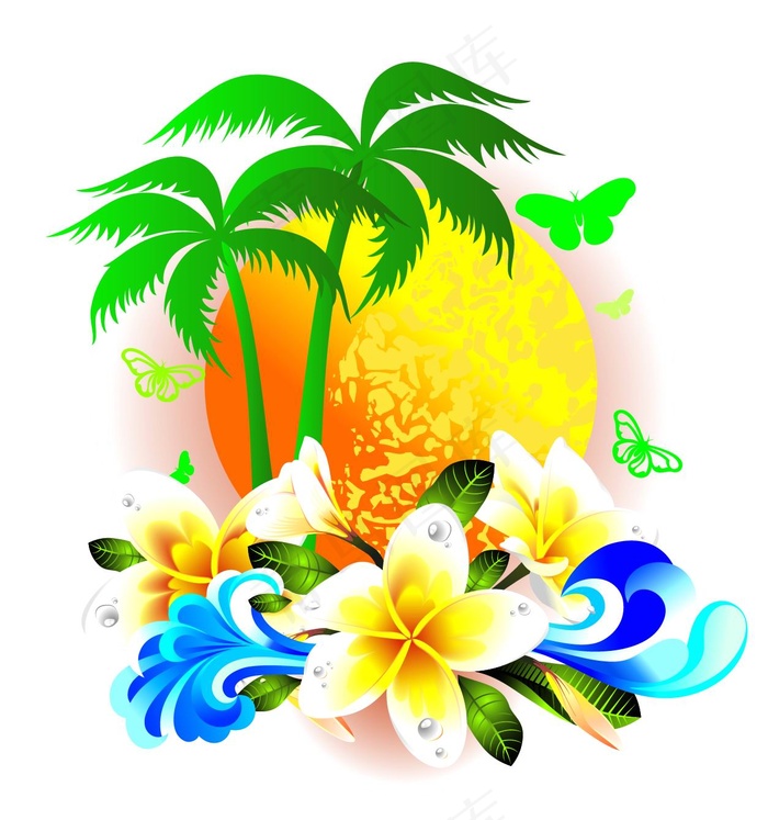 炎炎夏日植物浪花背景矢量素材eps,ai矢量模版下载