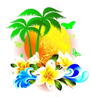 炎炎夏日植物浪花背景矢量素材