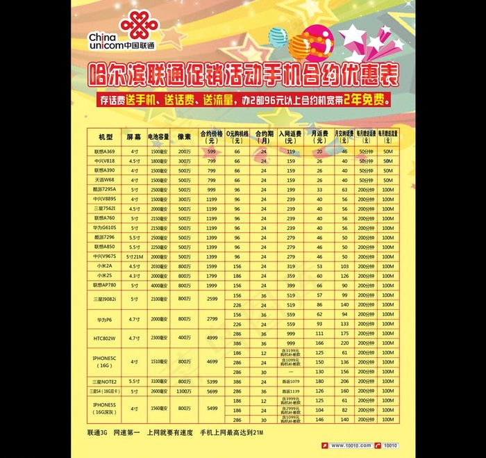 联通价格单图片psd模版下载