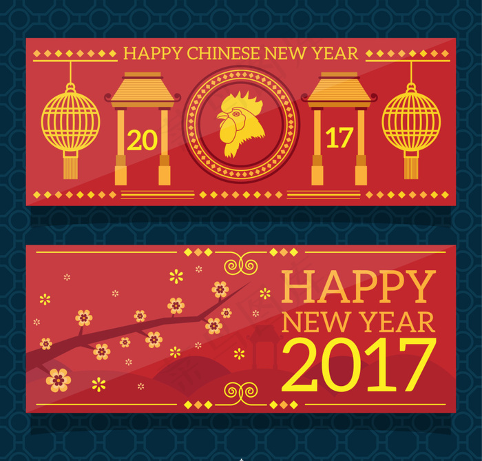 中国农历新年灯笼鲜花横幅eps,ai矢量模版下载