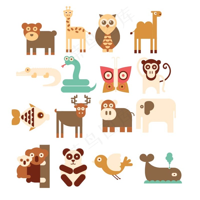 手绘彩色扁平动物矢量素材
