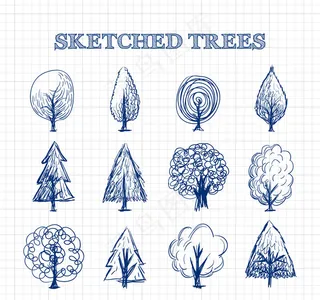 手绘线描树木草图矢量