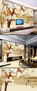 兰花彩雕背景墙山水画背景墙兰花彩雕...