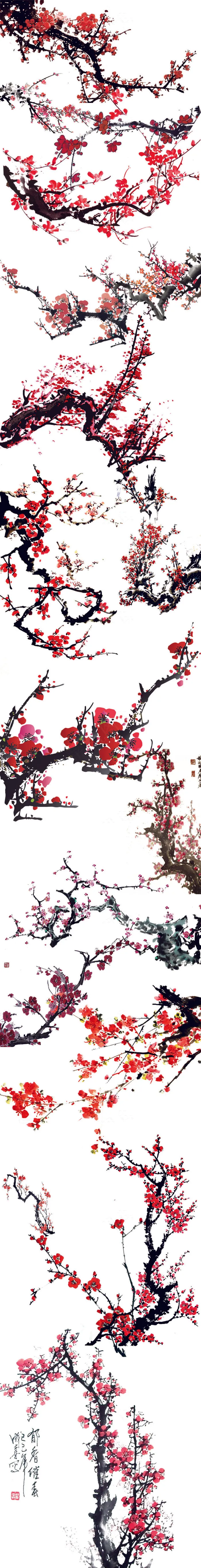 中国画梅花树枝素材透明图层免费下载(1063X8305(DPI:300))psd模版下载