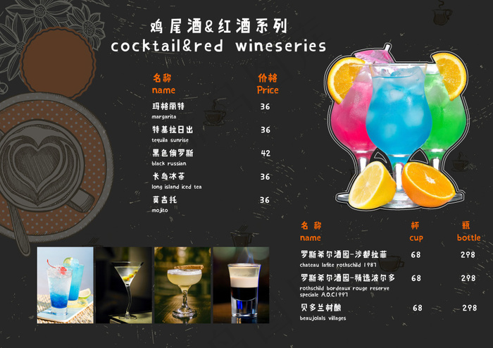 咖啡菜单鸡尾酒系列价目表psd模版下载