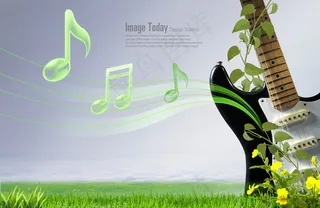 草地上的吉他与音符创意设计PSD分层素材