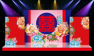 大红牡丹花中式婚礼舞台迎宾区背景源...