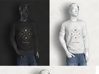 黑白长袖T恤模特效果图展示智能贴图...