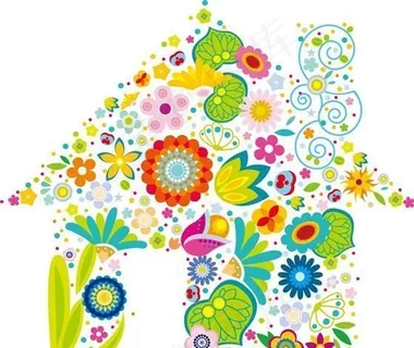 房子 可爱花朵组成的图案 矢量素材...