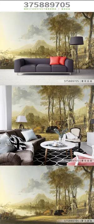 中世纪西方风景油画背景墙