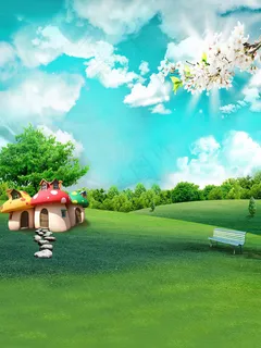 儿童摄影背景 草地上的蘑菇屋图片 儿童摄影背景 草地上的蘑菇屋图片