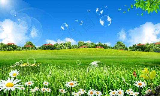 蓝天白云绿草地psd模版背景