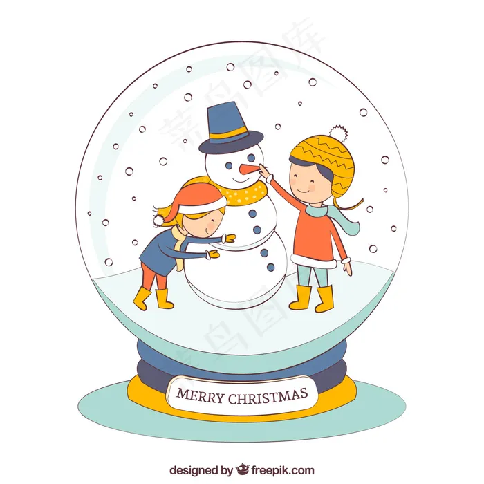 手绘的雪人和孩子们在一个水晶球ai矢量模版下载