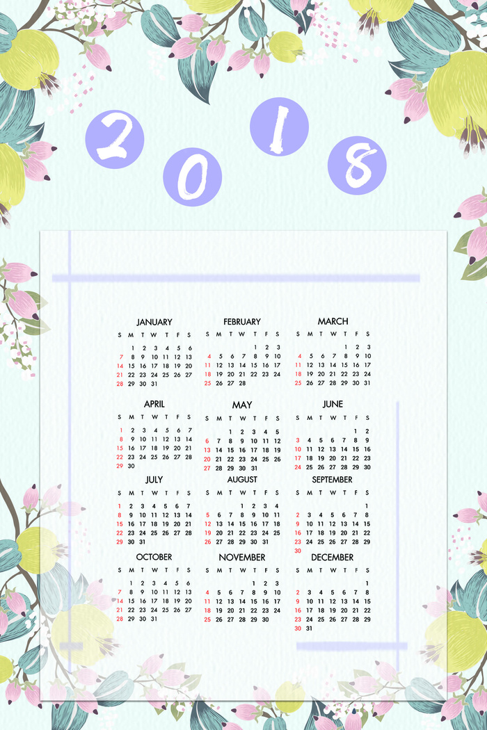 清新插画2018年日历(1772X2657(DPI:150))psd模版下载