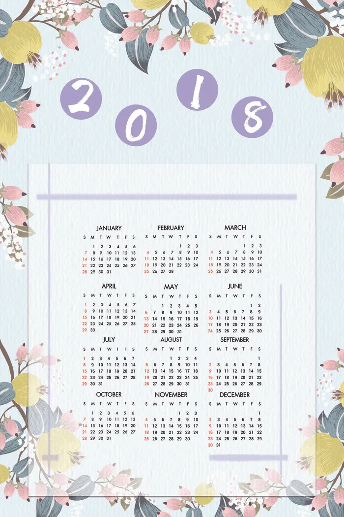 清新插画2018年日历(1772X2657(DPI:150))psd模版下载