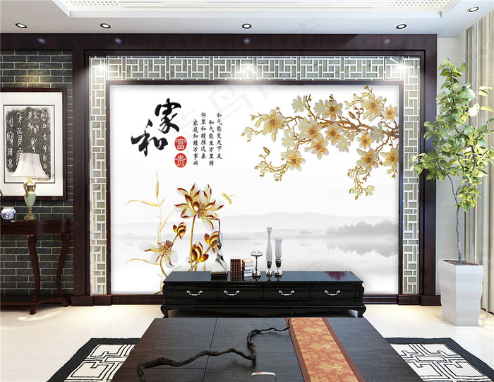 家和富贵客厅电视背景墙(9071X5669(DPI:72))psd模版下载
