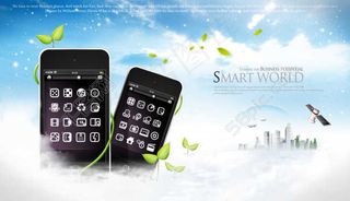 白云上的黑色手机和绿叶