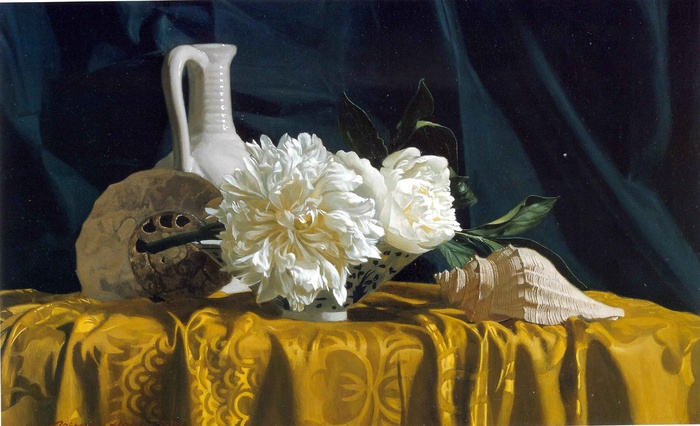 白色菊花油画
