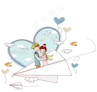 乘坐纸飞机飞翔的情侣图片