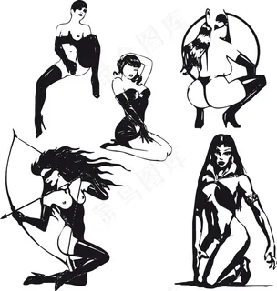 黑白线描性感女性剪影矢量素材