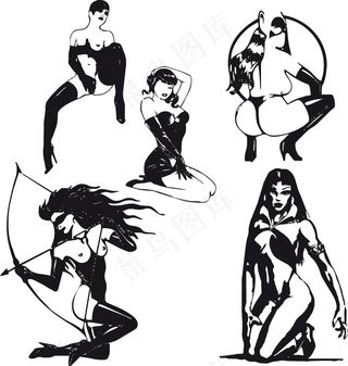 黑白线描性感女性剪影矢量素材