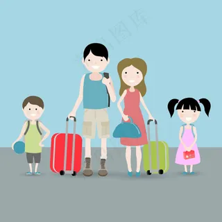 家庭人物与旅行行李箱