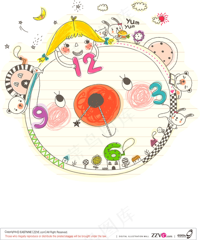 韩国可爱线描时钟矢量图