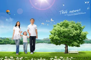 春天湖泊家庭散步海报