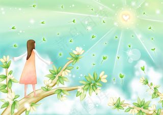 女孩站在树枝上祈祷爱心