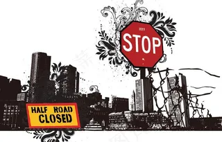 墨迹手绘城市建筑花纹图片