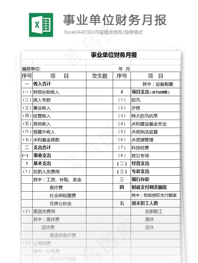 事业单位财务月报表格