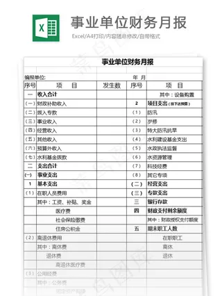 事业单位财务月报表格