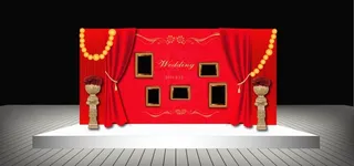 红色背景合影区