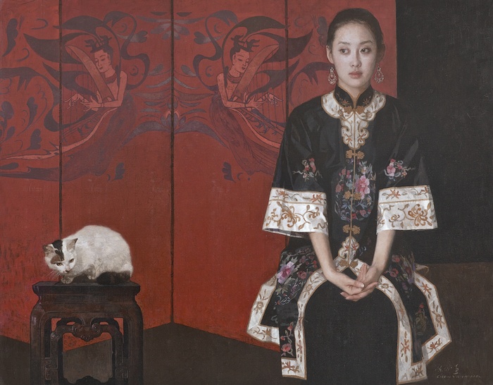 女人与猫图片