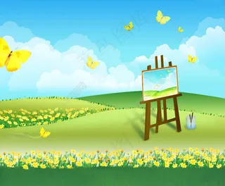 春天田野上的画架影楼摄影背景图片