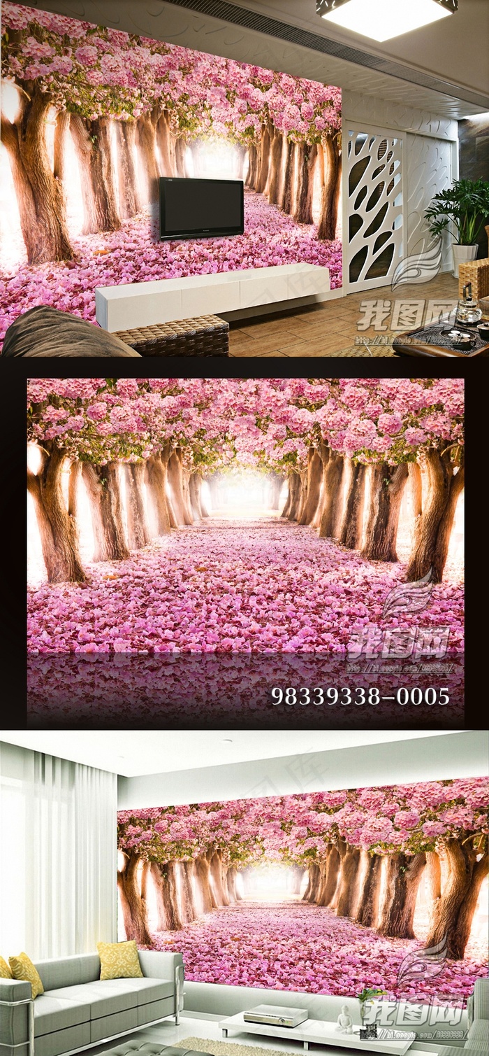 粉色浪漫婚庆樱花林风景影楼背景墙壁...