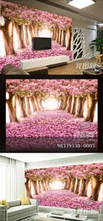 粉色浪漫婚庆樱花林风景影楼背景墙壁...