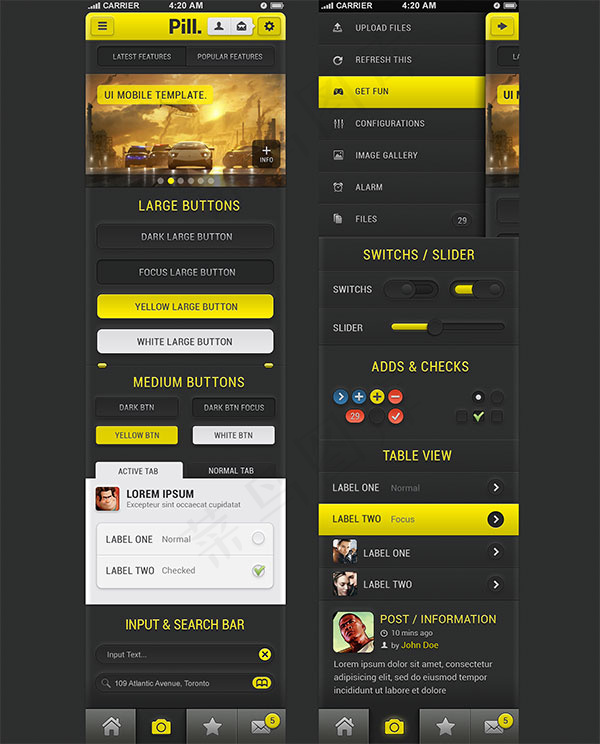 黄色手机界面模板PSD分层素材