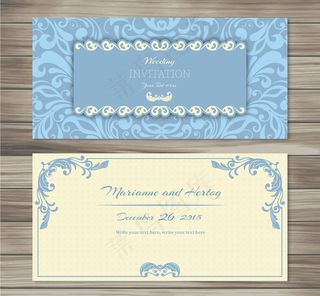 蓝色花纹婚礼邀请卡矢量图
