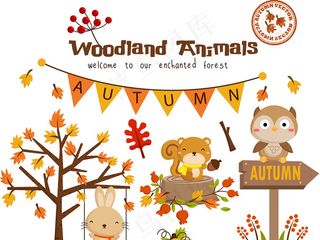 秋天卡通动物元素兔子猫头鹰狐狸刺猬...