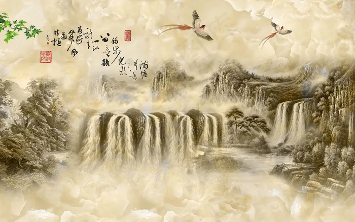 山水发财图客厅背景墙PSD下载(9071X5669(DPI:72))psd模版下载